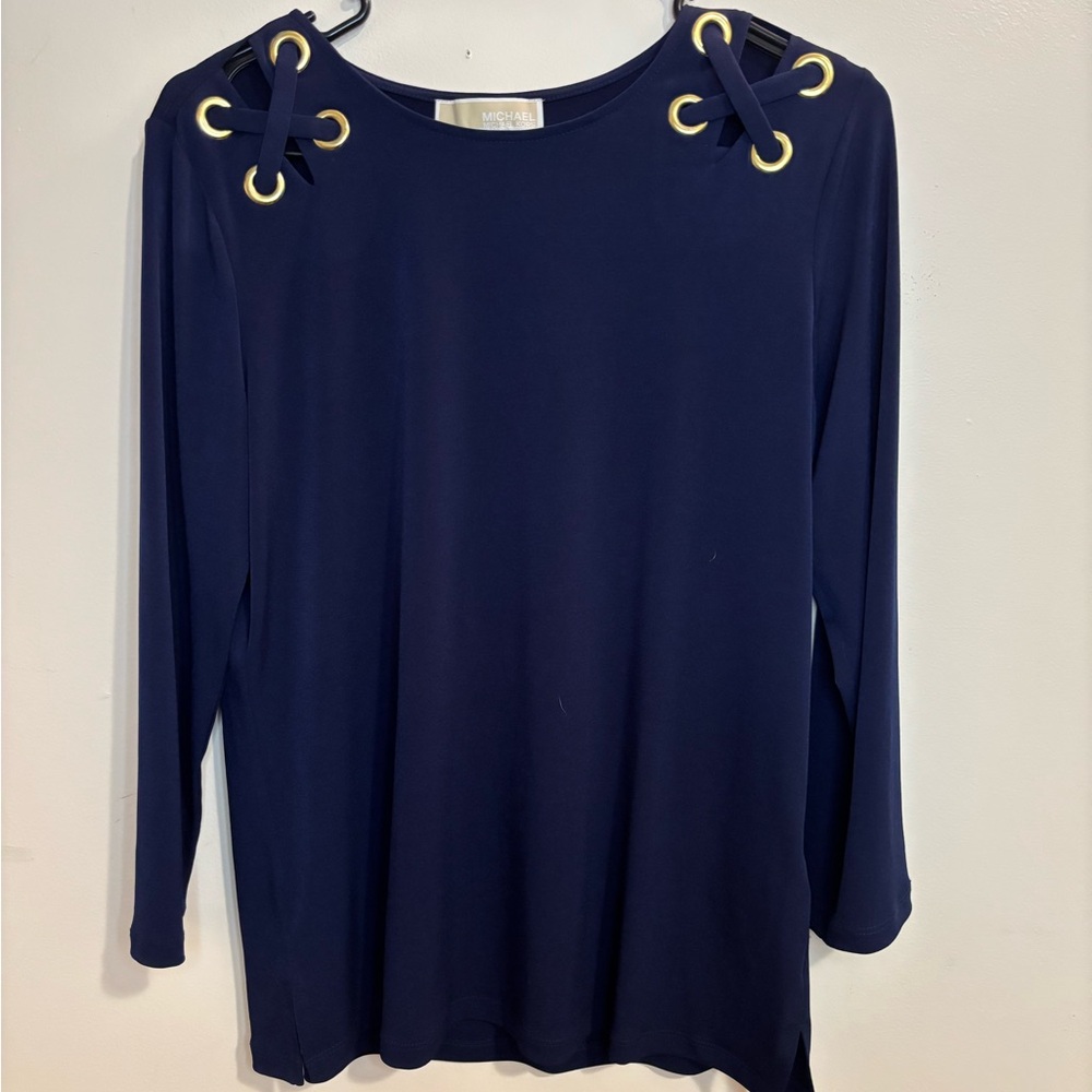 Michael Kors Navy Long Sleeve Top with Gold Details Size Medium Women’s